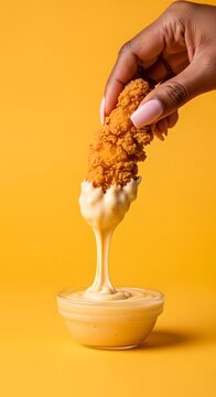 A close-up shot of a hand dipping a crispy fried chicken tender into a creamy, golden cheese sauce, with the sauce dripping back into the bowl against a vibrant yellow background.