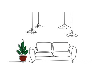 Single line of a sofa with hanging lamps and a potted plant continuous couch.