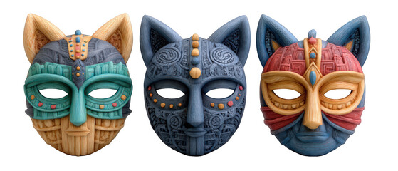 Three intricately designed animal masks showcasing vibrant colors and patterns, set against a plain background, ideal for cultural art displays