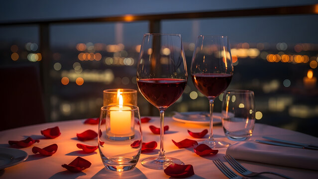 Romantic candlelit dinner for two in cityscape view