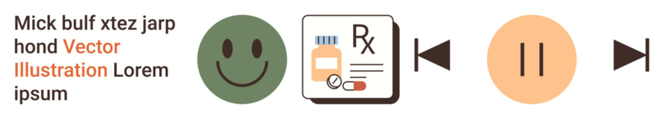 Fototapeta premium Healthcare, multimedia, wellness, emotions, communication, technology. A smiling face, medical prescription and media buttons arranged in sequence. Healthcare and multimedia concept