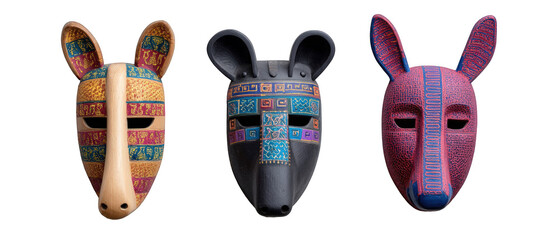 Three intricately designed animal masks showcasing vibrant colors and textures, set against a neutral background