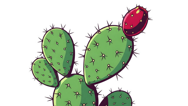Green nopal cactus succulent plant with thorny paddle shape and ripe prickly pear fruit displayed on a clean white background, illustrating desert botany, edible flora, and natural resilience