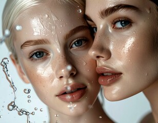 Transparent Aqua Beauty: Two Women with Water Drops and Blue Reflections