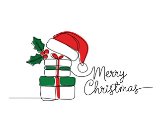 Single line of stacked Christmas gifts with Santa hat and holly present.