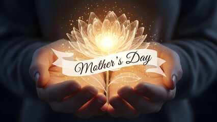 Glowing flower held in cupped hands with a banner announcing Mothers Day celebrations