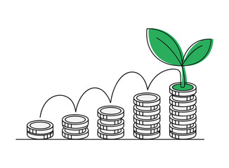 Stacks of coins growing with a green plant sprouting from the tallest stack growth.