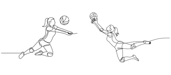 Two continuous line of female volleyball players in action sport.