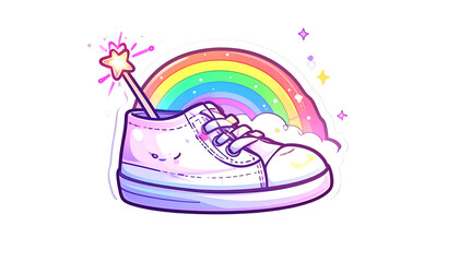 Whimsical cartoon image rainbow arch, shoe with magic wand, stars, and fluffy clouds