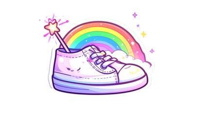 Whimsical cartoon image rainbow arch, shoe with magic wand, stars, and fluffy clouds