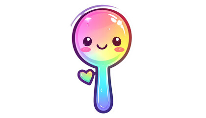 A smiling, cartoon spoon with a rainbow gradient and a heart-shaped detail