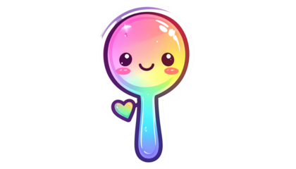 A smiling, cartoon spoon with a rainbow gradient and a heart-shaped detail
