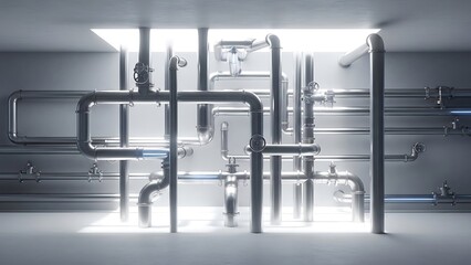 Fototapeta premium Empty square room with Network of gleaming steel pipes runs with precision. Abstract pipe industry background