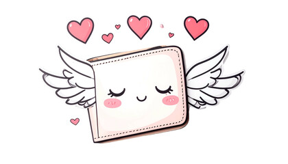 Cartoon wallet with closed eyes, wings, and hearts floating around