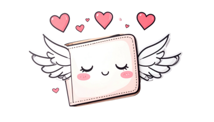 Cartoon wallet with closed eyes, wings, and hearts floating around