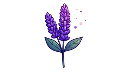 Stylized illustration of lavender sprigs with purple flowers, green leaves, and sparkles