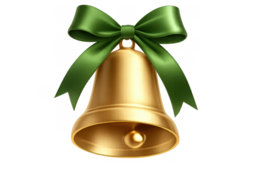 Gold christmas bell with a green ribbon and bow, symbolizing festive holidays and seasonal celebrations. Transparent background