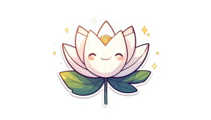 Cartoon white lotus flower with smiling face, sparkly effects and small crown