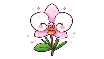 Cute cartoon orchid with pink petals, smiling face, sparkles, and green leaves on black bg