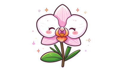 Cute cartoon orchid with pink petals, smiling face, sparkles, and green leaves on black bg
