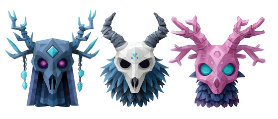 Three intricately designed animal skull masks with vibrant colors and unique features