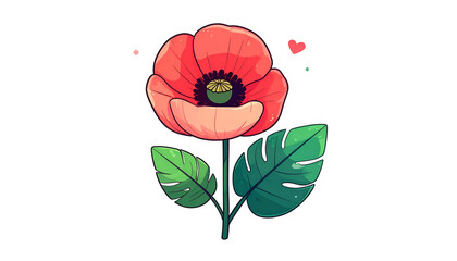 Stylized illustration of a poppy flower with green leaves and floating hearts