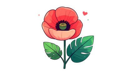 Stylized illustration of a poppy flower with green leaves and floating hearts