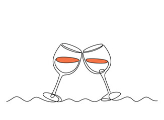 Two wine glasses clinking with coral liquid on wavy line toast celebration.