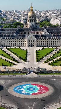 Des Invalides Museum In Paris Ile De France France. Bird Eye View Of Stunning Iconic Recreational Park Of The City. Town Clouds Sky Backgrounds Urban. Outside Backgrounds Panning Wide.
