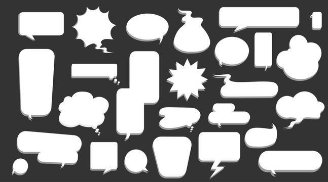 Speech bubble and dialogue icon set with comic chat shapes in white style