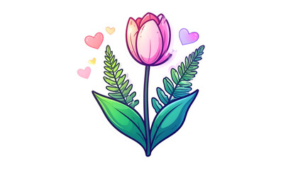 Cartoon tulip with heart accents and leaves against black. Flowers, love, and life