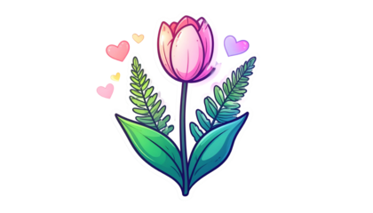 Cartoon tulip with heart accents and leaves against black. Flowers, love, and life