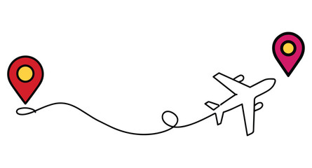 Airplane flying a dotted line between red and pink location pins flight travel.