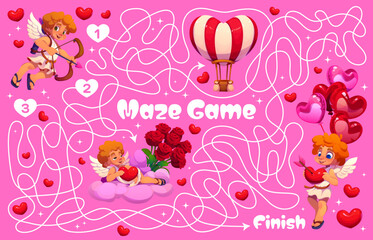 Fototapeta premium Labyrinth maze game with Valentine cherub cupids and hearts, vector cartoon worksheet for kids. Puzzle quiz game with labyrinth maze to help cupid angel to find way or road to cherub with hearts