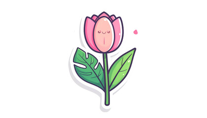 Cartoon flower sticker with a pink bloom, green leaves, and smiling face on a black backdrop