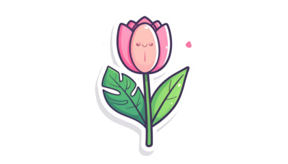 Cartoon flower sticker with a pink bloom, green leaves, and smiling face on a black backdrop
