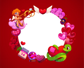 Fototapeta premium Valentine day greetings card frame. Romantic circular border surrounded by cupid playing harp, roses, hearts, balloons, wedding rings, chocolates, snake holding a heart and a February 14th calendar