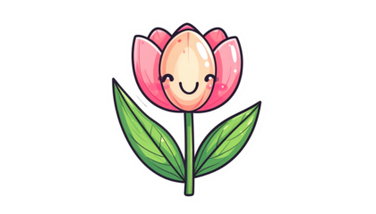 Cute tulip cartoon with a smiling face, pink petals, green leaves, and black background