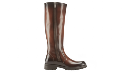 Brown leather knee boots with zipper shiny isolated on a transparent background