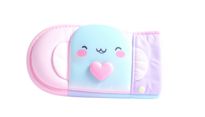Pastel colored cartoon whale-shaped item with a pink heart and happy face