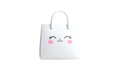 White shopping bag with smiling cartoon face. 3D render on black background