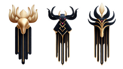 Three intricately designed animal skull wall hangings in a modern art style with geometric elements