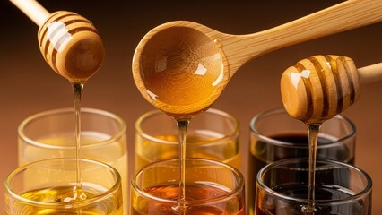 Three wooden honey dippers dripping different types of honey into glass jars showing light amber dark and golden varieties on warm brown background