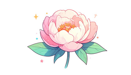 A cartoon peony bloom in pink and cream with green leaves on a black background