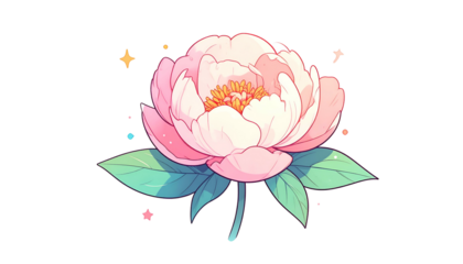 A cartoon peony bloom in pink and cream with green leaves on a black background