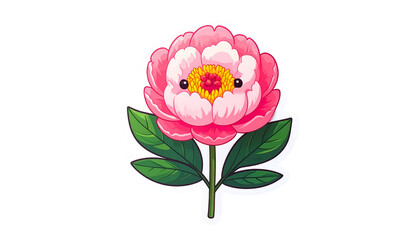 Charming cartoon peony with pink petals, yellow center, green leaves, and a friendly face
