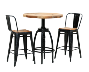 Metal chairs flank round wood table, dark background