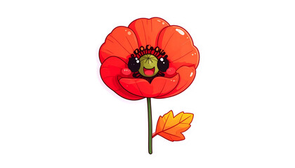 Playful cartoon poppy with large red petals, a smiling face, and a single leaf