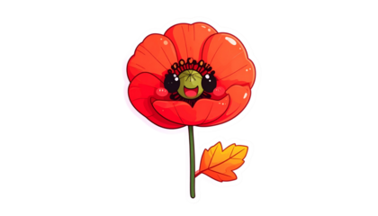 Playful cartoon poppy with large red petals, a smiling face, and a single leaf