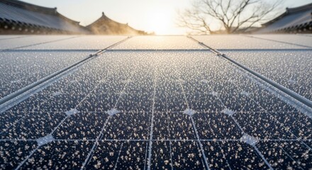Traditional Korean palace courtyard covered in fresh snow with geometric stone patterns and classic hanok architecture at golden hour sunrise